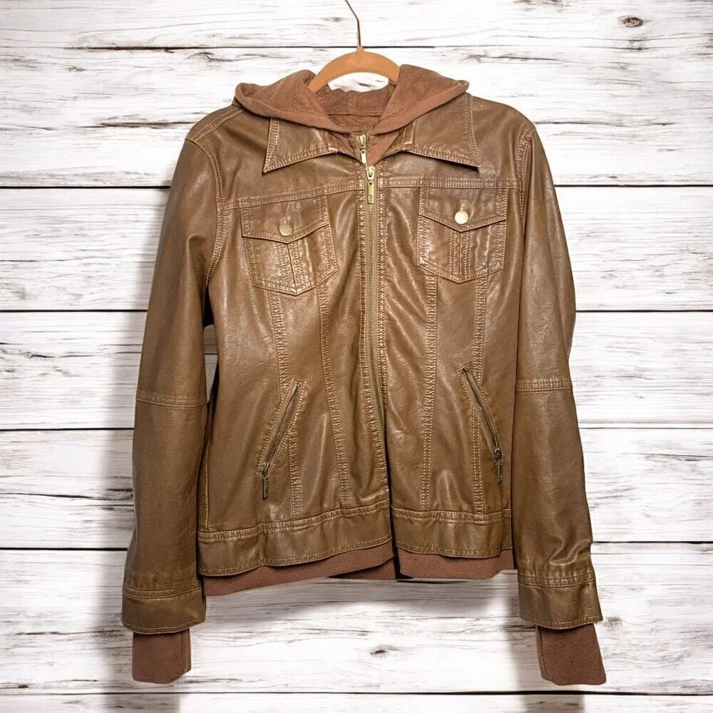 Coalition LA Camel Bomber Jacket Hoodie Double Zip Vegan Leather Sz Large NWT - Picture 12 of 12